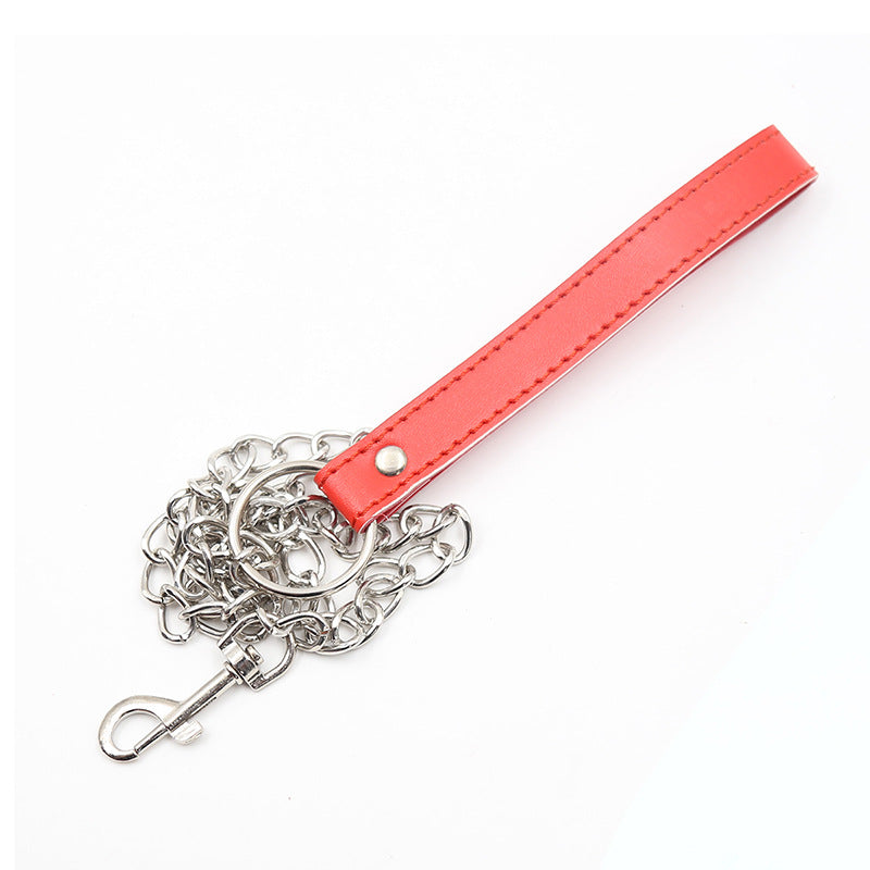 Rødt bondage halsbånd m. rem og kæde