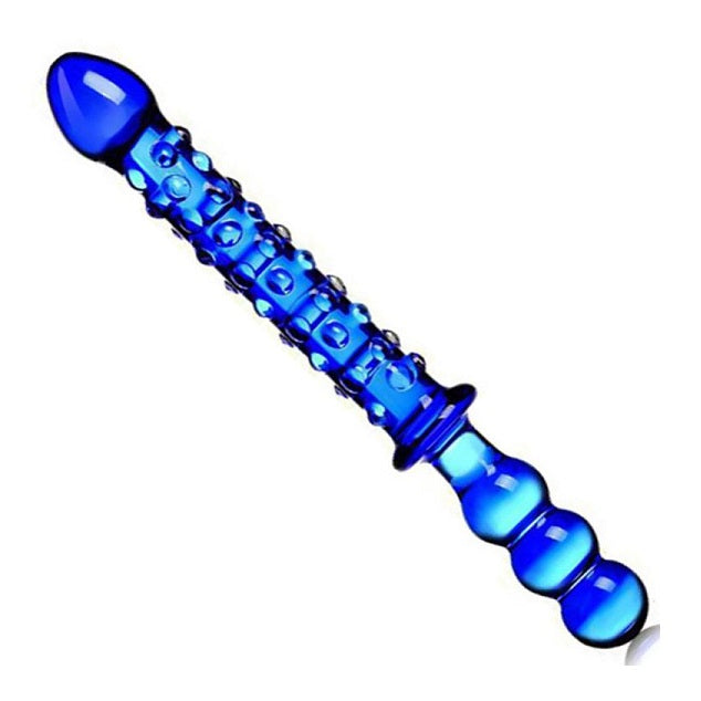 Glas dobbeltdildo safirblå 24cm